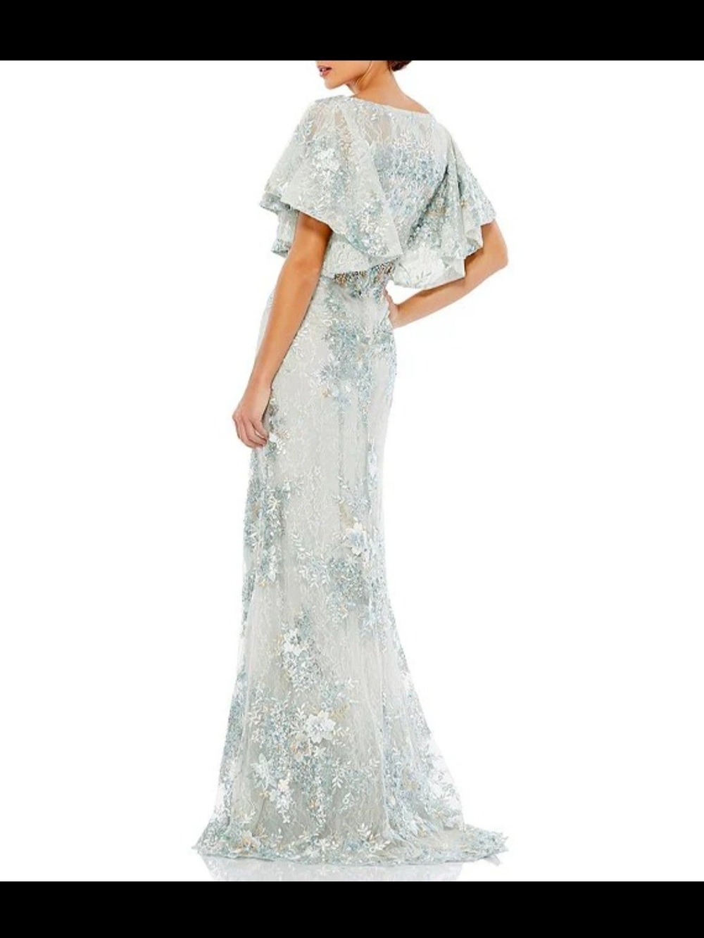 Mac-Duggal-V-Neck-flutter-sleeve-embroidered-lace-column gown - Picture 3 of 4